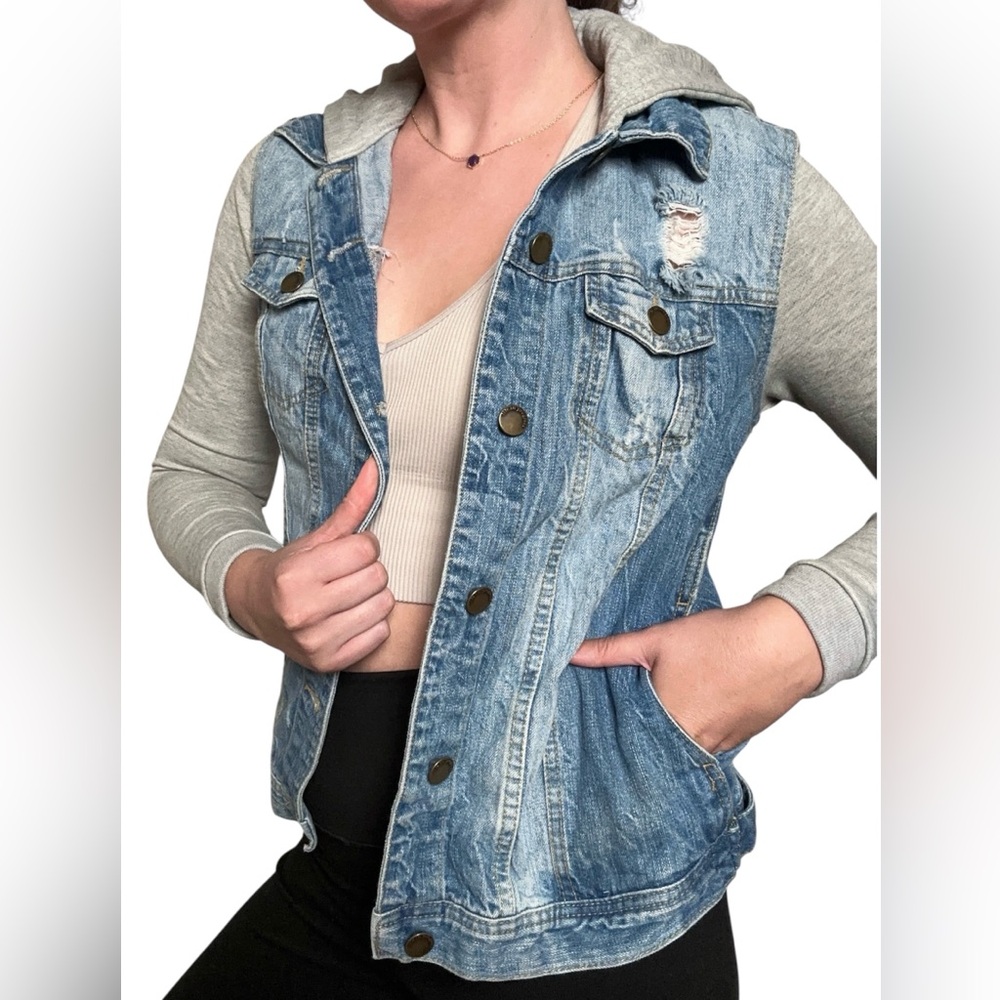 Life in Progress Blue Jean Jacket with Gray Sleeves